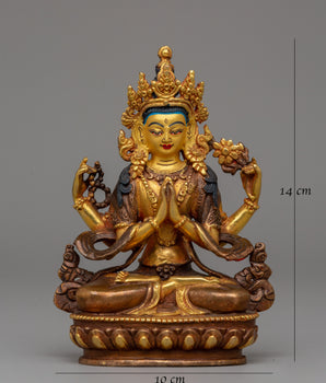 Gold Plated Chenrezig Statue | Avalokiteshvara Copper Buddha