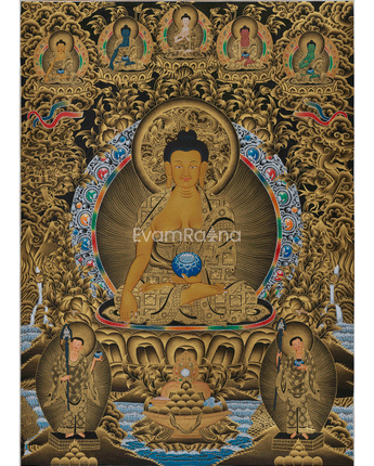 gold-thangka-of-shakyamuni-buddha-five-dhyani-buddhas-with-two-disciples
