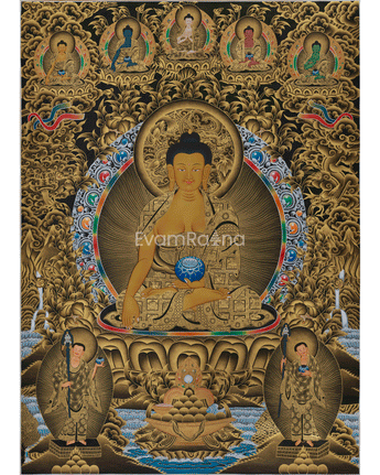 gold-thangka-of-shakyamuni-buddha-five-dhyani-buddhas-with-two-disciples