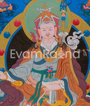 Guru Padmasambhava Artwork | Tibetan Thangka with Enlightened Beings and 24K Gold Detailing