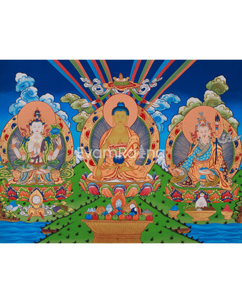 Traditional Buddha Shakyamuni Art | Enlightened One with Guru Rinpoche and Chenrezig