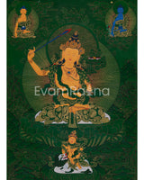 Tibetan Manjushri on Green Canvas | Wisdom Deity with Shakyamuni, Medicine Buddha, and Namtoshe