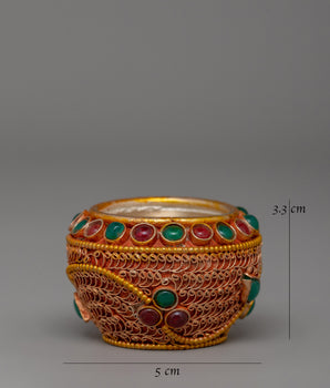 Copper Gold Plated with Turquoise & Coral Golpa Bowl | Tibetan Golpa Ritual Offering Bowl