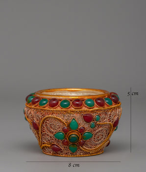 Gold-plated copper Golpa with coral | Tibetan Altar Offering Vessel