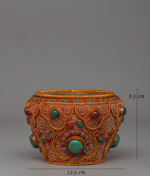 Tibetan Golpa Bowl with Coral | Sacred Buddhist Ritual Decor