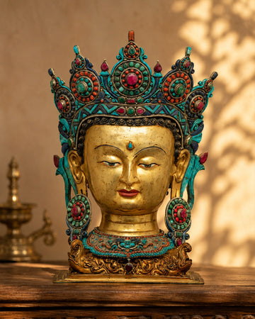 Golden Buddha Head Statue | Classic Decor for Yoga Studio or Personal Altar