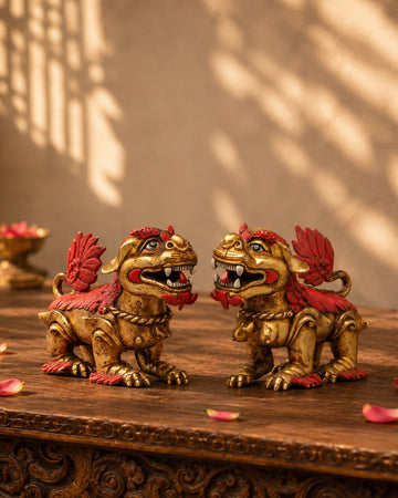 Traditional Decorative Lion Set | Handcrafted Copper Lion Figurines