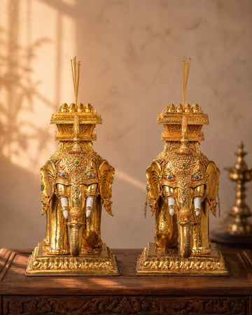 Tibetan Elephant Set Statue | Gold-Plated Brass Elephant Pair for Decor