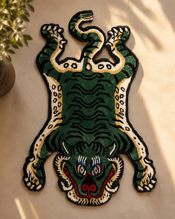 Green, Black Knotted Tiger Rug | Traditional Wool Carpet