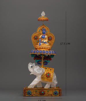 Shakyamuni Buddha on Crystal Elephant | Lapis & Coral Inlaid Gold Statue