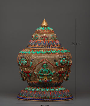 Tibetan Ritual Rice Pot with Coral | Buddhist Ritual and Altar Use