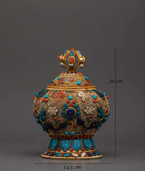 Beautiful Tibetan Rice Pot  with Stones Floral Motifs | Ideal for Altar, Decor, and Rituals