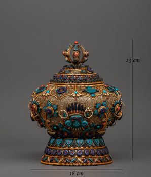 Tibetan Rice Bowl with Coral | Buddhist Altar Offering Bowl Decor