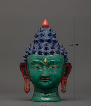 Large Brass Buddha Head Statue | Turquoise & Coral Inlay