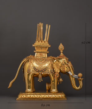 Tibetan Elephant Set Statue | Gold-Plated Brass Elephant Pair for Decor