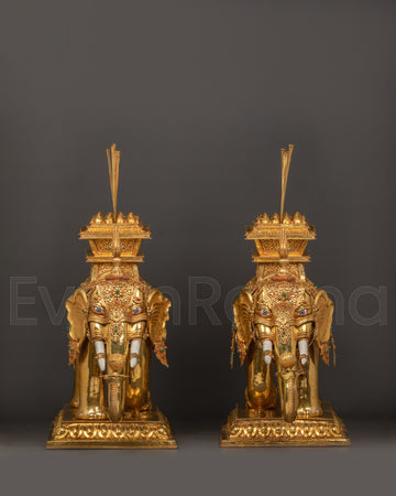 Tibetan Elephant Set Statue | Gold-Plated Brass Elephant Pair for Decor