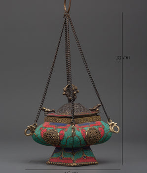 Copper Hanging Incense Burner with Turquoise & Coral Inlay | Ritual Incense Burner