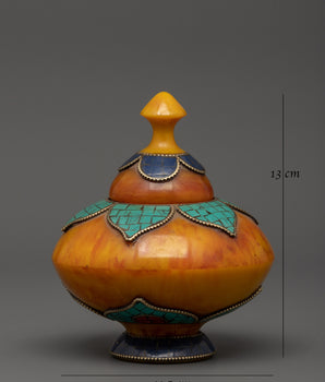 Amber Rice Pot Buddhist Altar Decor | Turquoise & Lapis Inlaid Ritual Rice Pot