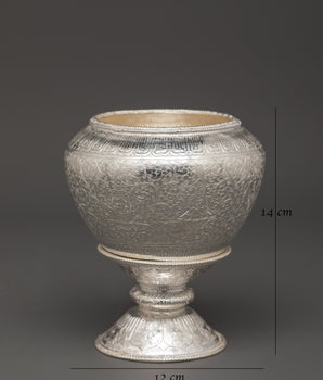 Tibetan Pure Silver Golpa Rice Pot with Stand | Sacred Offering Vessel