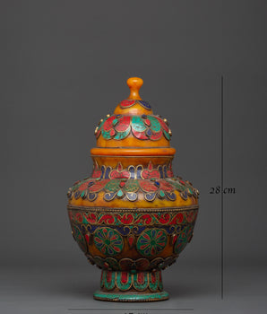 Traditional Himalayan Rice Pot | Handcrafted Brass & Amber Vessel with Turquoise Stone