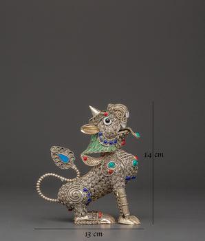 Tibetan Snow Lion Buddhist Protector Set | Silver-Plated White Metal Guardian Statues
