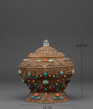 Traditional Handcrafted Tibetan Rice Pot | Copper and Gold Plated with Turquoise Inlay