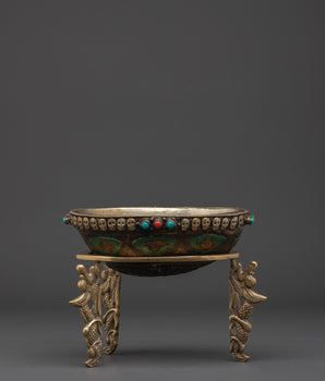 Handcrafted Brass Kapala for Offerings | Tibetan Bowl with Coral and Turquoise Stones