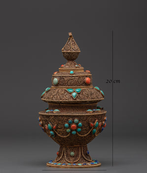 Handcrafted Tibetan Filigree Rice Pot | Copper Pot with Coral & Turquoise Inlays