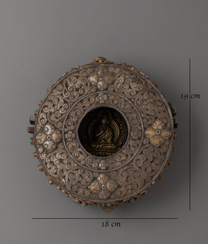 Spiritual Amoghasiddhi Buddha Box | Tibetan Iron Silver Brass Inlaid Ghau