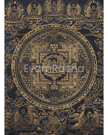Original Hand-Painted Gold And Black Style Chenrezig Mandala Thangka