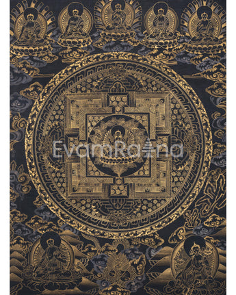 Original Hand-Painted Gold And Black Style Chenrezig Mandala Thangka