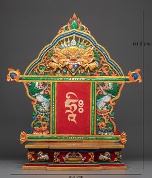 Spiritual Altar Throne with Tibetan Script | Handcrafted Buddhist Wooden Shrine