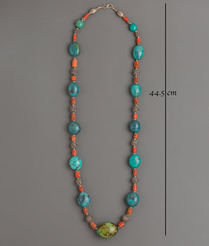 Sacred Turquoise Coral Beaded Mala | Tibetan Prayer Beads Silver Jewelry