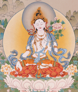 Thangka Print of White Tara | Tibetan Artwork of the Three Longevity Deities