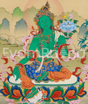 Green Tara Divine Tapestry Thangka Print | Spiritual Elegance for Your Space