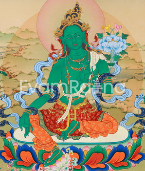 Goddess Green Tara Thangka Print | Guardian of Liberation | Arya Tara For Wall Decoration