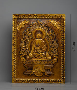 Hand-Carved Shakyamuni Buddha Thangka Art | Gold Wooden Thangka For Meditation Practice