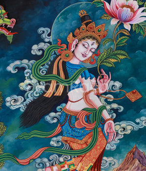 Graceful White Tara Thangka Print | Buddhist Goddess Canvas Wall Art for Healing