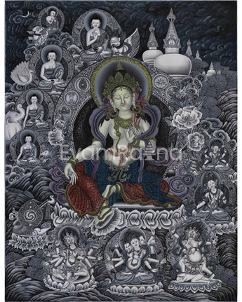 Goddess Green Tara Digital Print | Monochromatic Giclée on Cotton Canvas