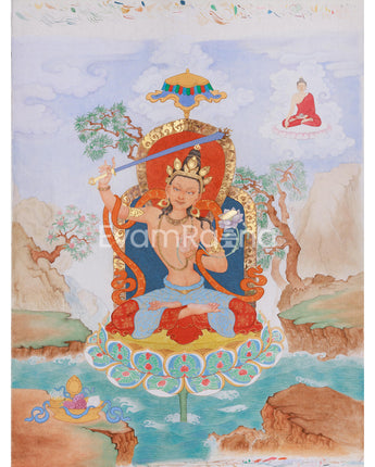 Giclee Canvas Print of Manjushri | Contemporary Fusion of Paubha & Chinese Artistry