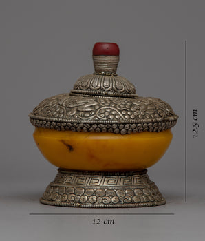 Silver Dhupur Rice Pot | Tibetan Food Offering with Plastic Amber