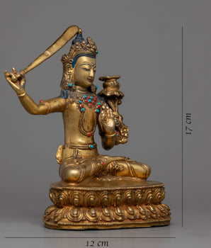 Gold Manjushri Statue | Hand-Carved Details on Sacred Sculpture