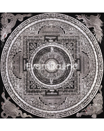 Giclée Mantra Mandala Print | Mythical Creatures, Concentric Circles, and Protective Mantras