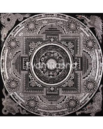 Eight Auspicious Symbol Mantra Mandala | Giclée Cavans Print | Monochromatic Artwork