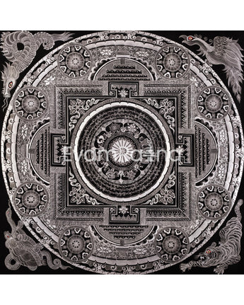 Eight Auspicious Symbol Mantra Mandala | Giclée Cavans Print | Monochromatic Artwork