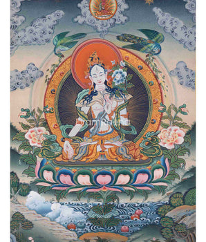 Goddess of Compassion White Tara Thangka Print | Traditional Buddhist Artwork | Gift Ideas