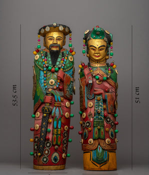 Wooden Pair Statues of Chinese Emperor and Empress | Traditional Chinese Figurines