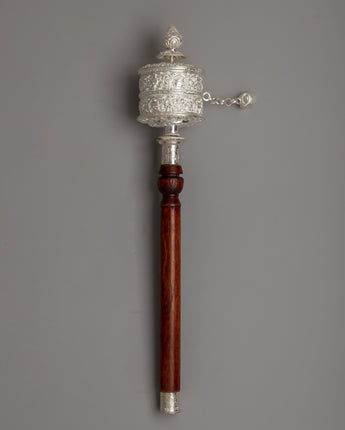 Handcrafted Tibetan Prayer Wheel in Silver and Wood
