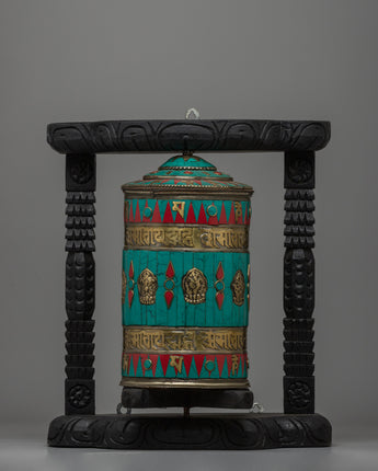 Tibetan Prayer Wheel Intricated with Eight Auspicious Symbols