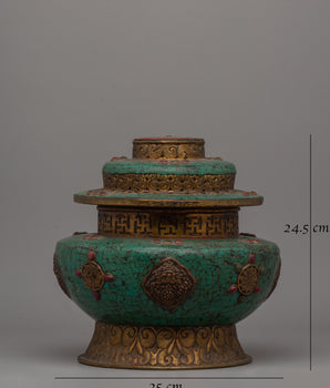 Handmade Tibetan Rice Pot | Dhupur Ritual Artifact with Turquoise Stone Details